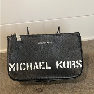 Michael Kors "Saylor" Pouchette Wristlet Black Saffiano Leather White Spellout